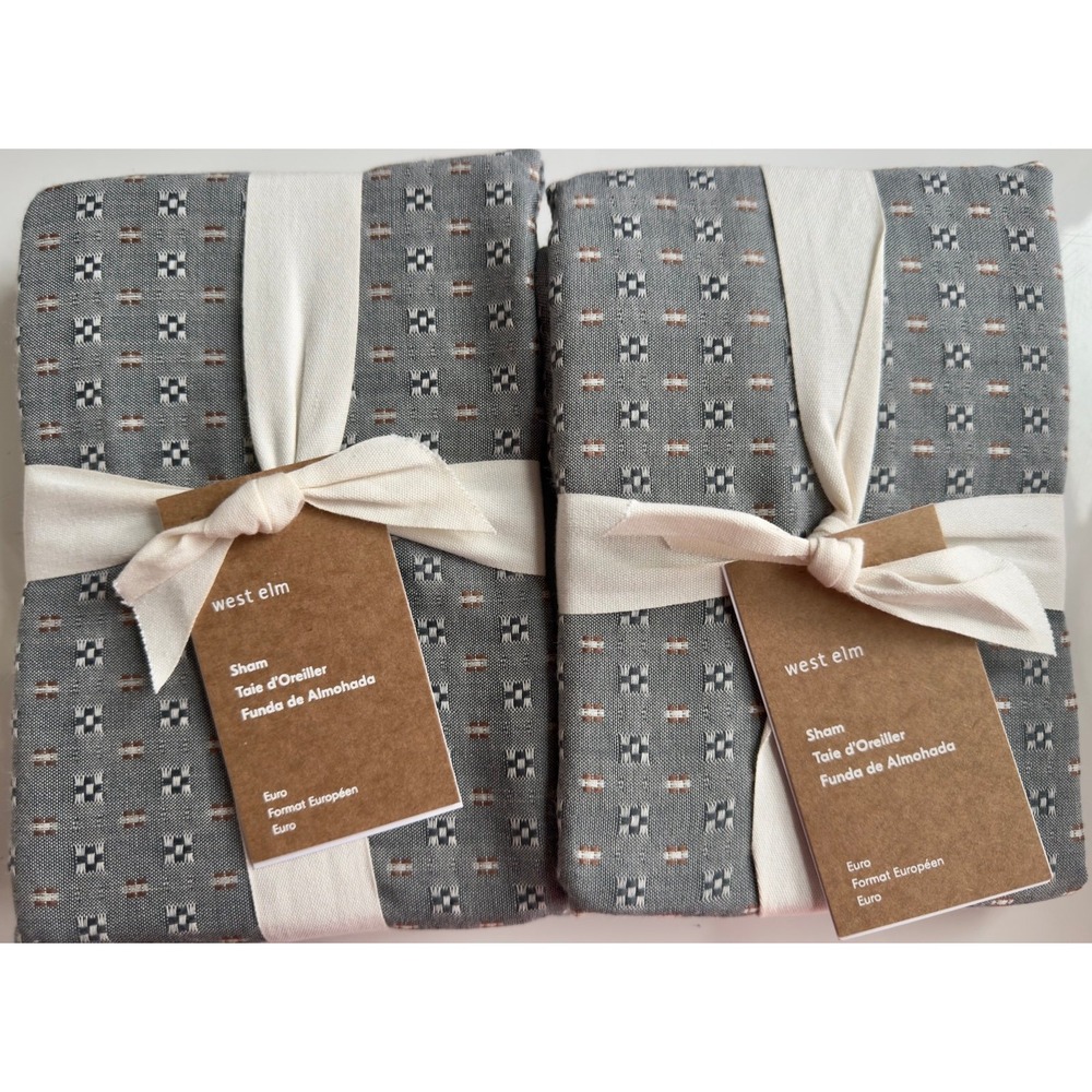 West Elm Reversible Micro Pattern Graphite 100% Cotton Euro Shams NWT Retail $98